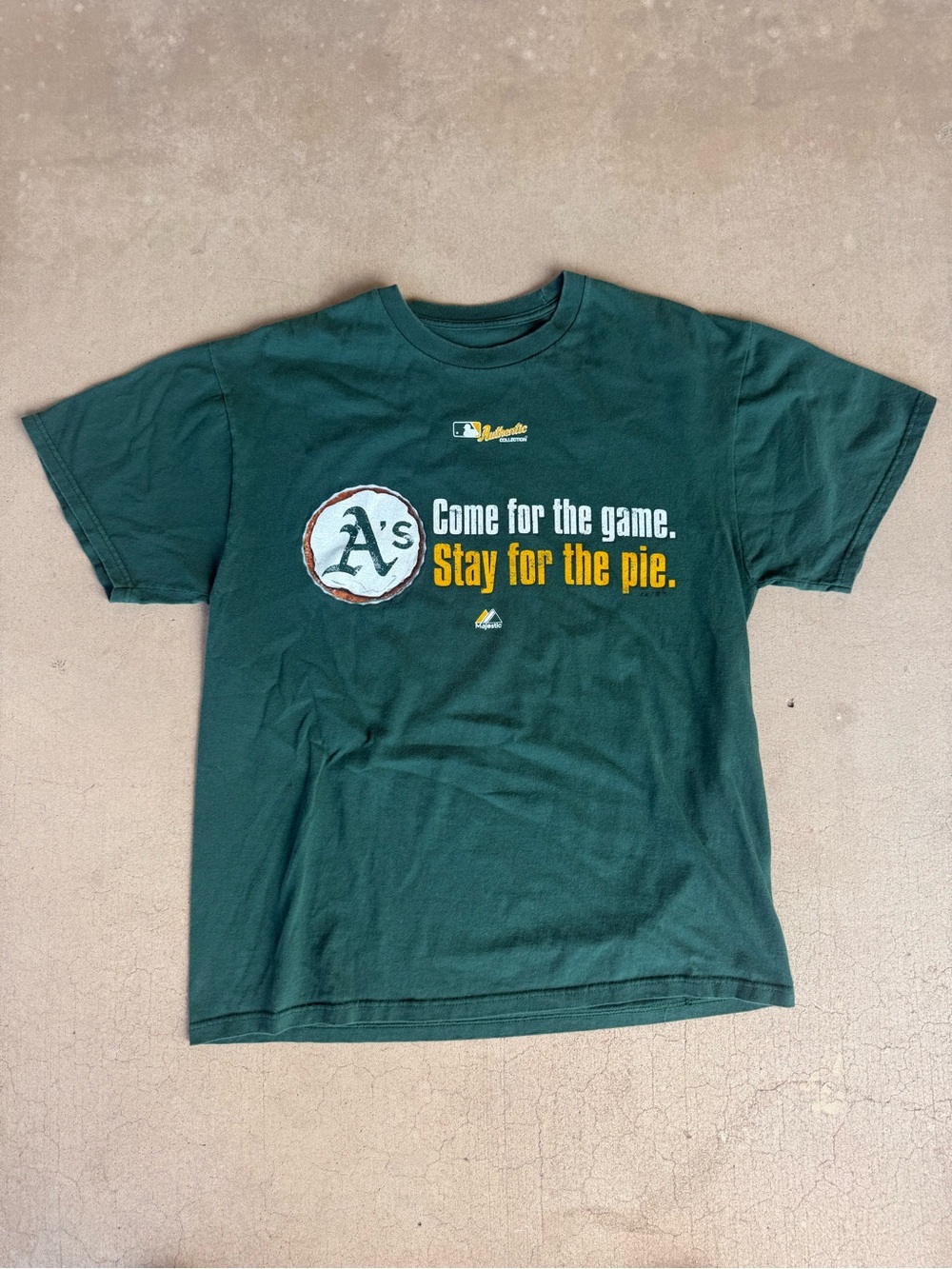 Oakland A’s “Come for the Game, Stay for the Pie” Majestic T-Shirt – Size Large